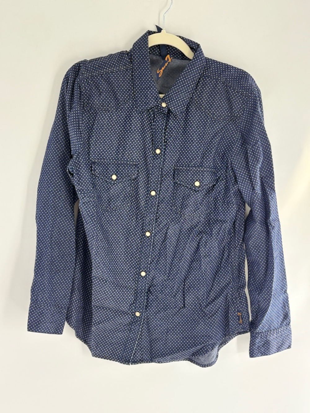 7 For All Mankind Blouse Women's Navy W/ White Polka Dot Western Button Down -L - Picture 4 of 7